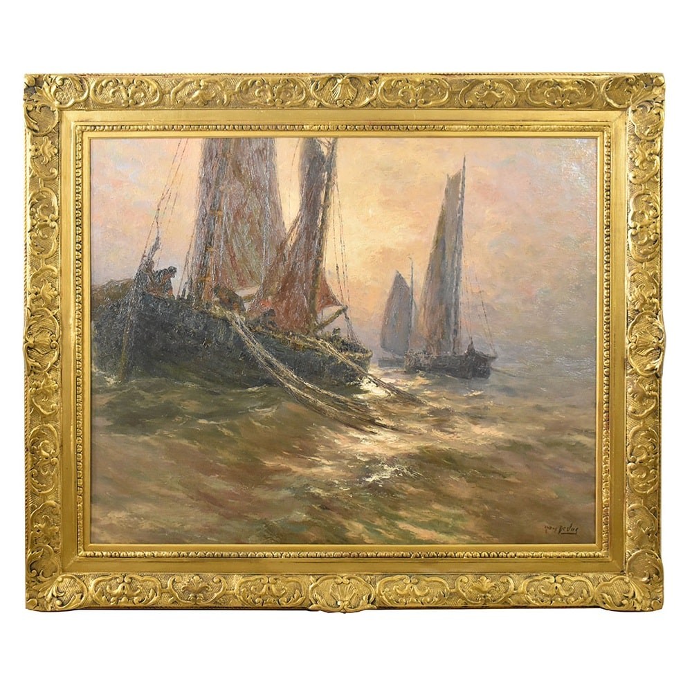 QM573 1 antique oil painting marine art seascape painting art deco.jpg